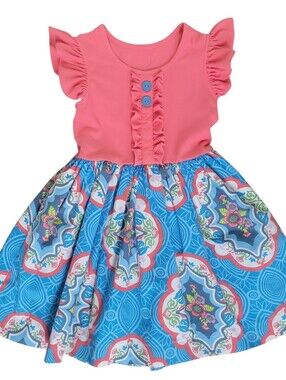 Eleanor Rose Girls Rhonda Dress Coral Blue Floral Ruffle Flutter Sleeve Size 6-7